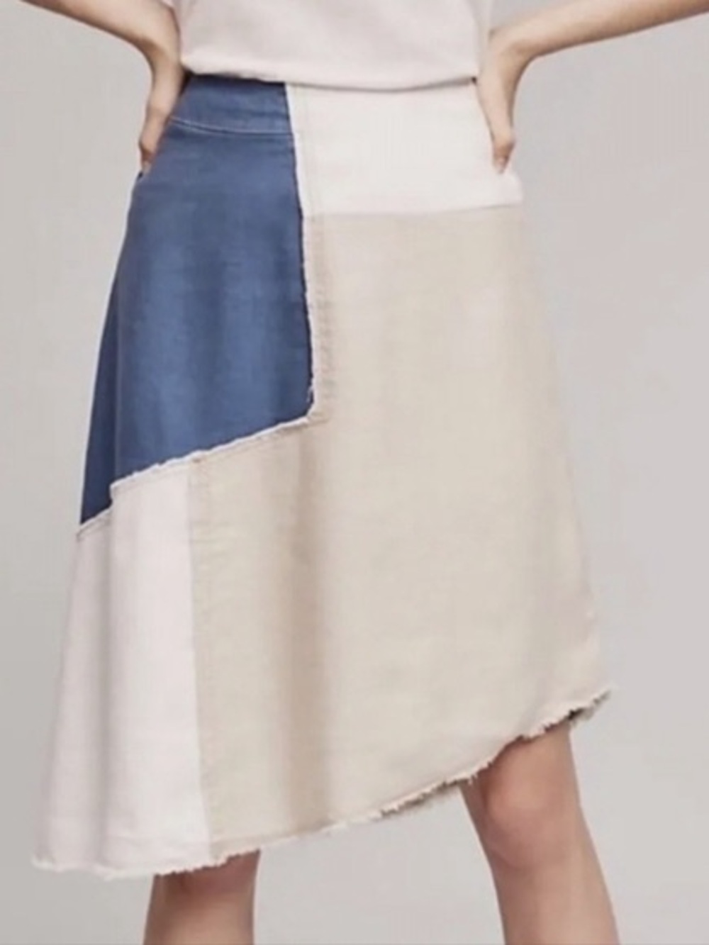 Anthropologie Frida Patchwork Denim Color-block A-Line Skirt in Blue Cream Denim